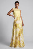 Yellow A Line Bateau Neck Long Floral Printed Mother of the Bride Dress