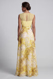 Yellow A Line Bateau Neck Long Floral Printed Mother of the Bride Dress