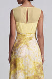 Yellow A Line Bateau Neck Long Floral Printed Mother of the Bride Dress