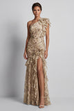 Champagne Floral Mermaid Long Ruffled Mother of the Bride Dress with Slit