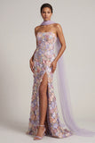 Light Purple Floral Mermaid Strapless Long Mother of the Bride Dress with Slit