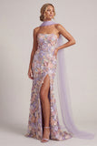 Light Purple Floral Mermaid Strapless Long Mother of the Bride Dress with Slit