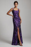Floral Dark Purple Mermaid Ruched Long Mother of the Bride Dress with Slit