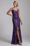 Floral Dark Purple Mermaid Ruched Long Mother of the Bride Dress with Slit