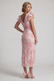Sparkly Blush Sheath V-Neck Beaded Long Mother of the Bride Dress with Ruffles
