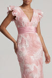 Sparkly Blush Sheath V-Neck Beaded Long Mother of the Bride Dress with Ruffles