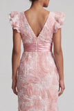 Sparkly Blush Sheath V-Neck Beaded Long Mother of the Bride Dress with Ruffles