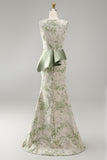 Light Green Floral Mermaid Ruched Long Mother of the Bride Dress with Sash