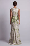 Light Green Floral Mermaid Ruched Long Mother of the Bride Dress with Sash
