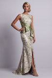 Light Green Floral Mermaid Ruched Long Mother of the Bride Dress with Sash