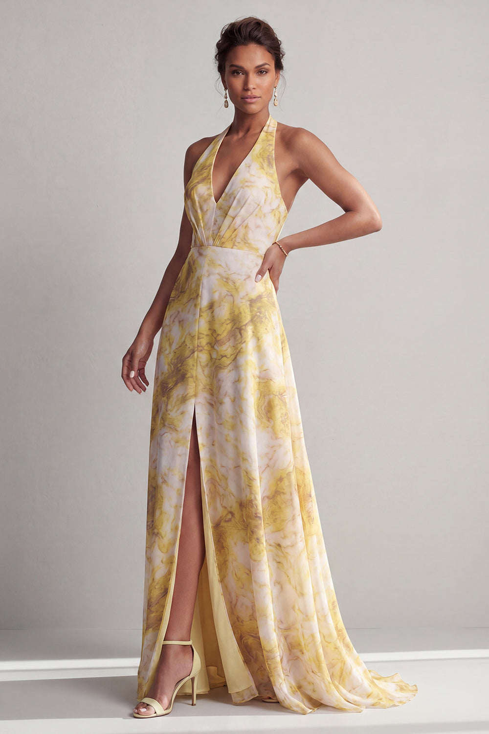 Zapaka Women Yellow Floral Long Mother of the Bride Dress with Slit Halter Ruched Backless A Line Chiffon Beach Wedding Guest Dress, Yellow / US12 Zapaka Women Yellow Floral Long Mother of the Bride Dress with Slit Halter Ruched Backless A Line Chiffon Beach Wedding Guest Dress, Yellow / US12