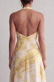Halter A Line Long Yellow Floral Printed Mother of the Bride Dress with Slit