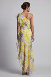 Yellow Floral Mermaid Long Printed Mother of the Bride Dress with Ruffles