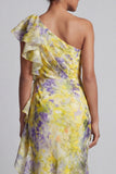 Yellow Floral Mermaid Long Printed Mother of the Bride Dress with Ruffles