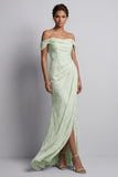 Light Green Ruched Long Mermaid Floral Mother of the Bride Dress with Slit