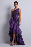 Dark Purple Floral High Low Mermaid Ruched Mother of the Bride Dress with Ruffles