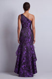 Dark Purple Floral High Low Mermaid Ruched Mother of the Bride Dress with Ruffles
