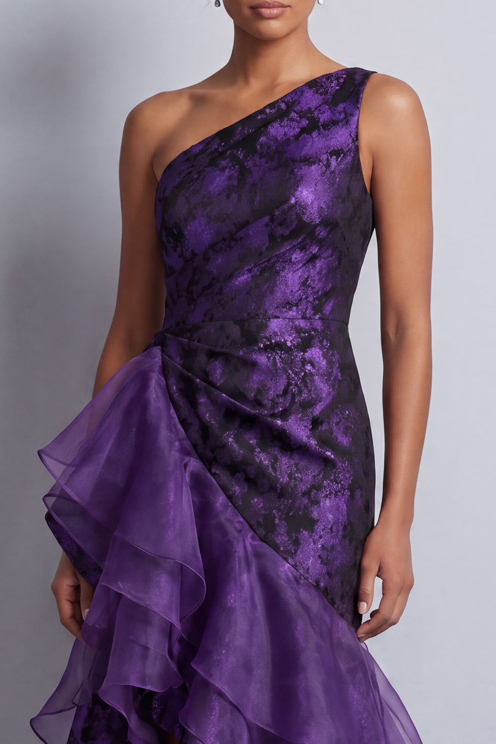 Zapaka Women Dark Purple Floral Mother of the Bride Dress with Ruffles