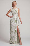 Sheath Light Green Floral Long Mother of the Bride Dress with Sash