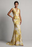 Floral Mermaid Long Printed Yellow Mother of the Bride Dress with Sash