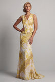 Floral Mermaid Long Printed Yellow Mother of the Bride Dress with Sash
