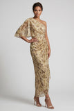 Sheath Long Floral Champagne Ruched Mother of the Bride Dress with Side Cape