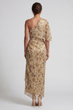 Sheath Long Floral Champagne Ruched Mother of the Bride Dress with Side Cape