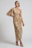 Sheath Long Floral Champagne Ruched Mother of the Bride Dress with Side Cape