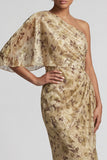 Sheath Long Floral Champagne Ruched Mother of the Bride Dress with Side Cape