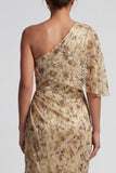 Sheath Long Floral Champagne Ruched Mother of the Bride Dress with Side Cape