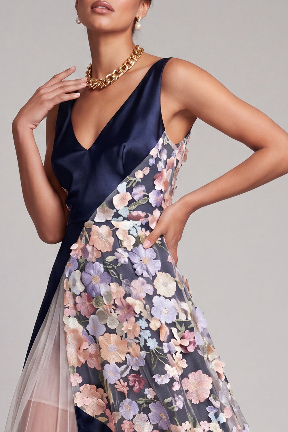 Zapaka Women Blush Long Mother of the Bride Dress Floral A Line V-Neck