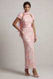 Sparkly Blush Long Sheath Short Sleeves Keyhole Beaded Mother of the Bride Dress
