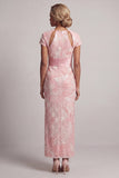 Sparkly Blush Long Sheath Short Sleeves Keyhole Beaded Mother of the Bride Dress