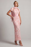 Sparkly Blush Long Sheath Short Sleeves Keyhole Beaded Mother of the Bride Dress