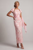 Sparkly Blush Long Sheath Short Sleeves Keyhole Beaded Mother of the Bride Dress