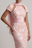 Sparkly Blush Long Sheath Short Sleeves Keyhole Beaded Mother of the Bride Dress