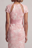 Sparkly Blush Long Sheath Short Sleeves Keyhole Beaded Mother of the Bride Dress