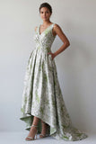 A Line Light Green Floral Long Ruched Mother of the Bride Dress with Pockets