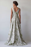 A Line Light Green Floral Long Ruched Mother of the Bride Dress with Pockets