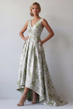 A Line Light Green Floral Long Ruched Mother of the Bride Dress with Pockets