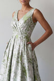 A Line Light Green Floral Long Ruched Mother of the Bride Dress with Pockets