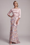 Boat Neck Blush Long Mermaid Floral Mother of the Bride Dress with Pockets