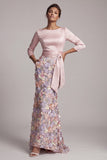 Boat Neck Blush Long Mermaid Floral Mother of the Bride Dress with Pockets