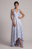 Halter Backless A Line Sky Blue Floral High Low Mother of the Bride Dress
