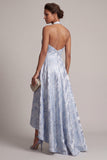 Halter Backless A Line Sky Blue Floral High Low Mother of the Bride Dress