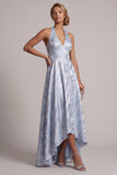 Halter Backless A Line Sky Blue Floral High Low Mother of the Bride Dress