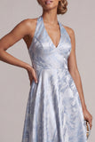 Halter Backless A Line Sky Blue Floral High Low Mother of the Bride Dress