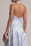 Halter Backless A Line Sky Blue Floral High Low Mother of the Bride Dress