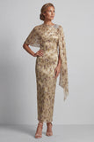 Champagne Beaded Sheath Long Floral Mother of the Bride Dress with Cape
