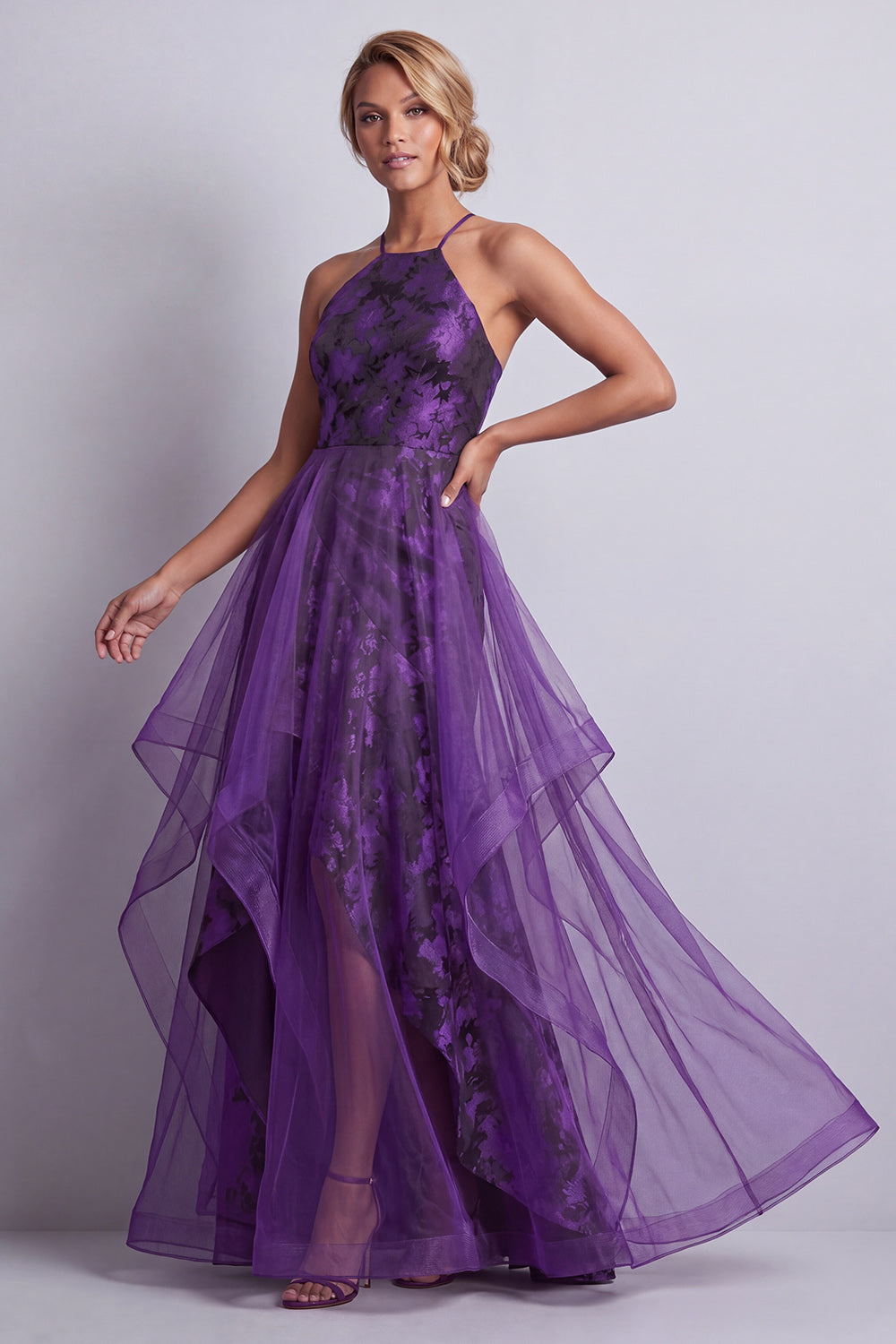 Zapaka Women Dark Purple Floral Long Mother of the Bride Dress with Ruffles A Line Halter Wedding Guest Dress, Dark Purple / US2